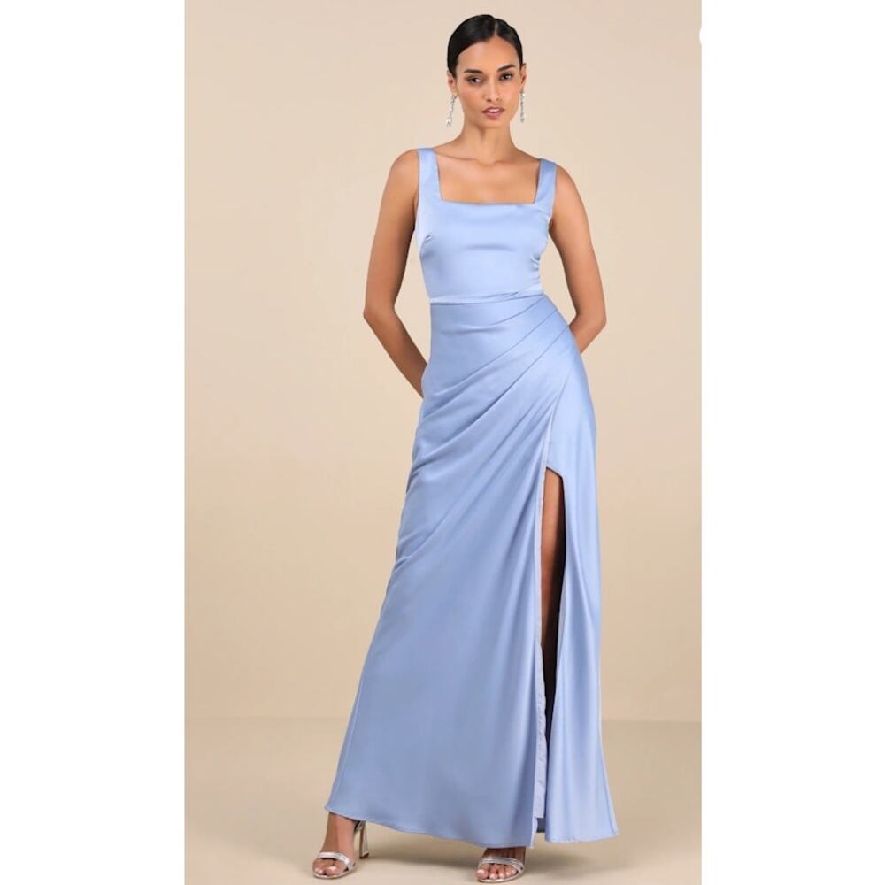 Lulu's Light Blue Satin Maxi Dress with Side Slit